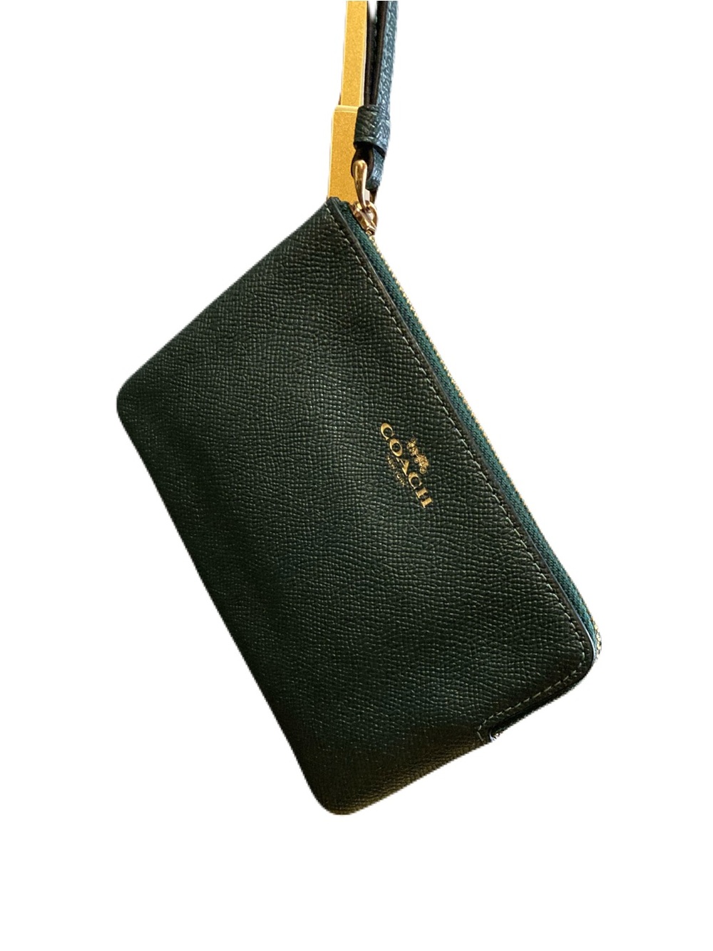 Coach Corner Zip Wristlet in Forest Green Cross Grain Leather EUC